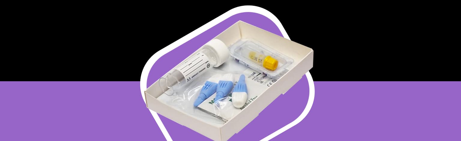 An open at-home health test kit containing sample collection tubes, lancets and blood collection vials, representing NowPatient's biomarker testing service.