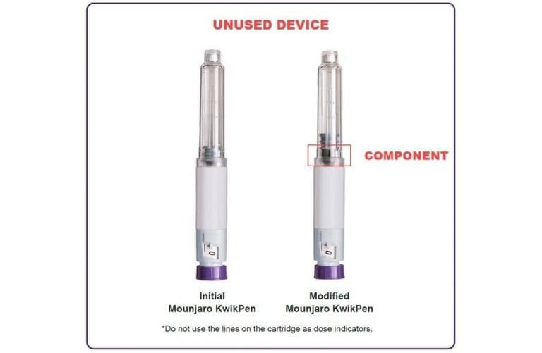 Side-by-side comparison of the initial and modified Mounjaro KwikPen (unused device). Note the lower plunger starting position and new internal component on the modified pen.