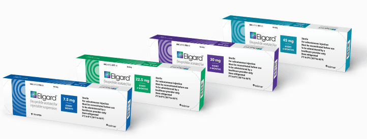 An image showing 4 different boxes of Eligard, all of different strengths.