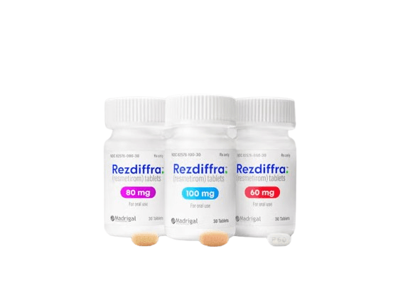 An image showing 3 bottles of Rezdiffra. The strengths are 60mg, 80mg and 100mg